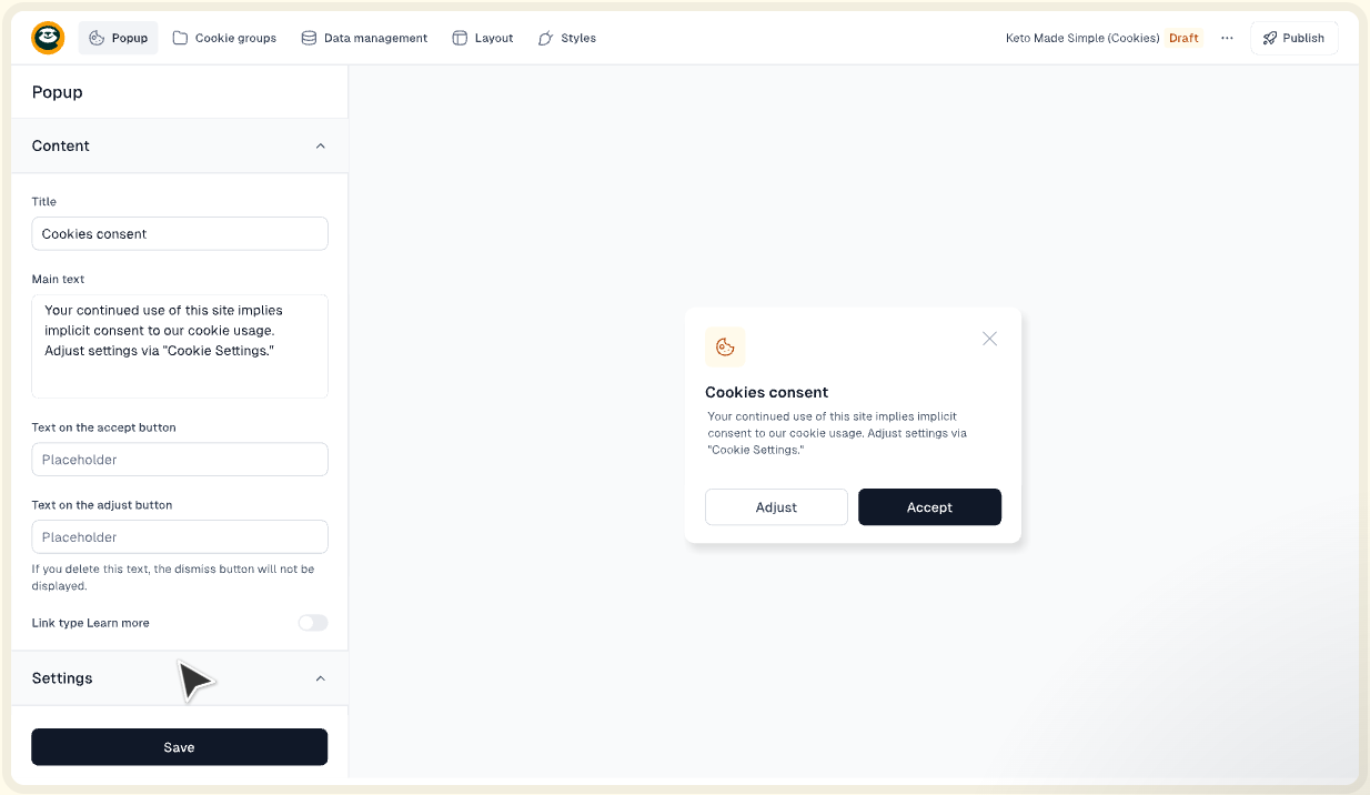 Easycookie editor for a website cookie consent popup