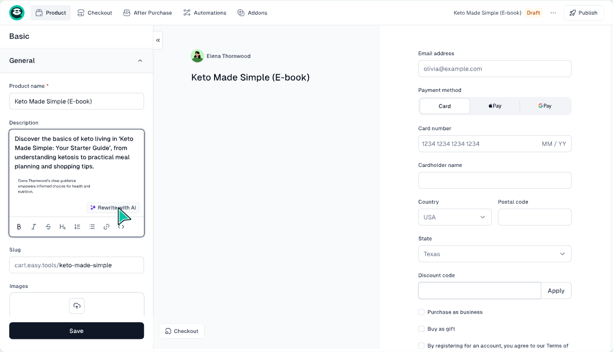 Easyoffer product and checkout builder interface